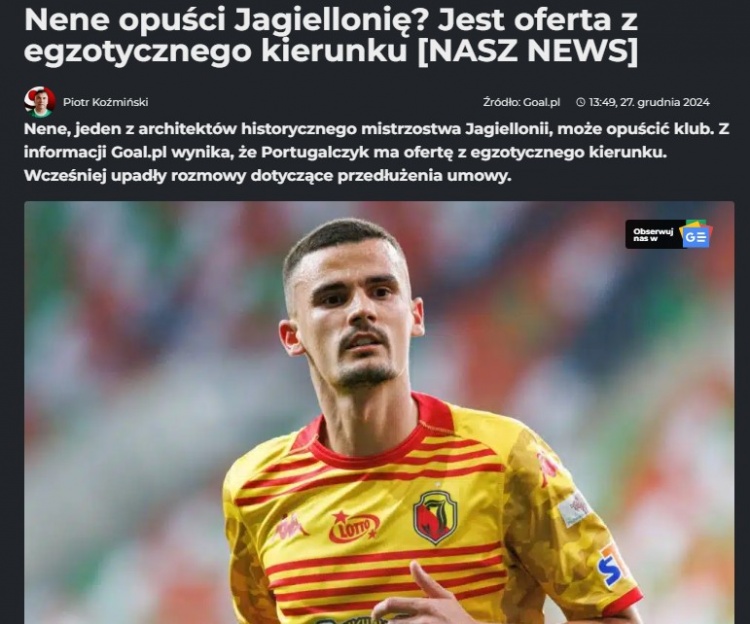 波蘭媒：中國球隊報價29歲葡萄牙中場內內，本賽季25場4球3助