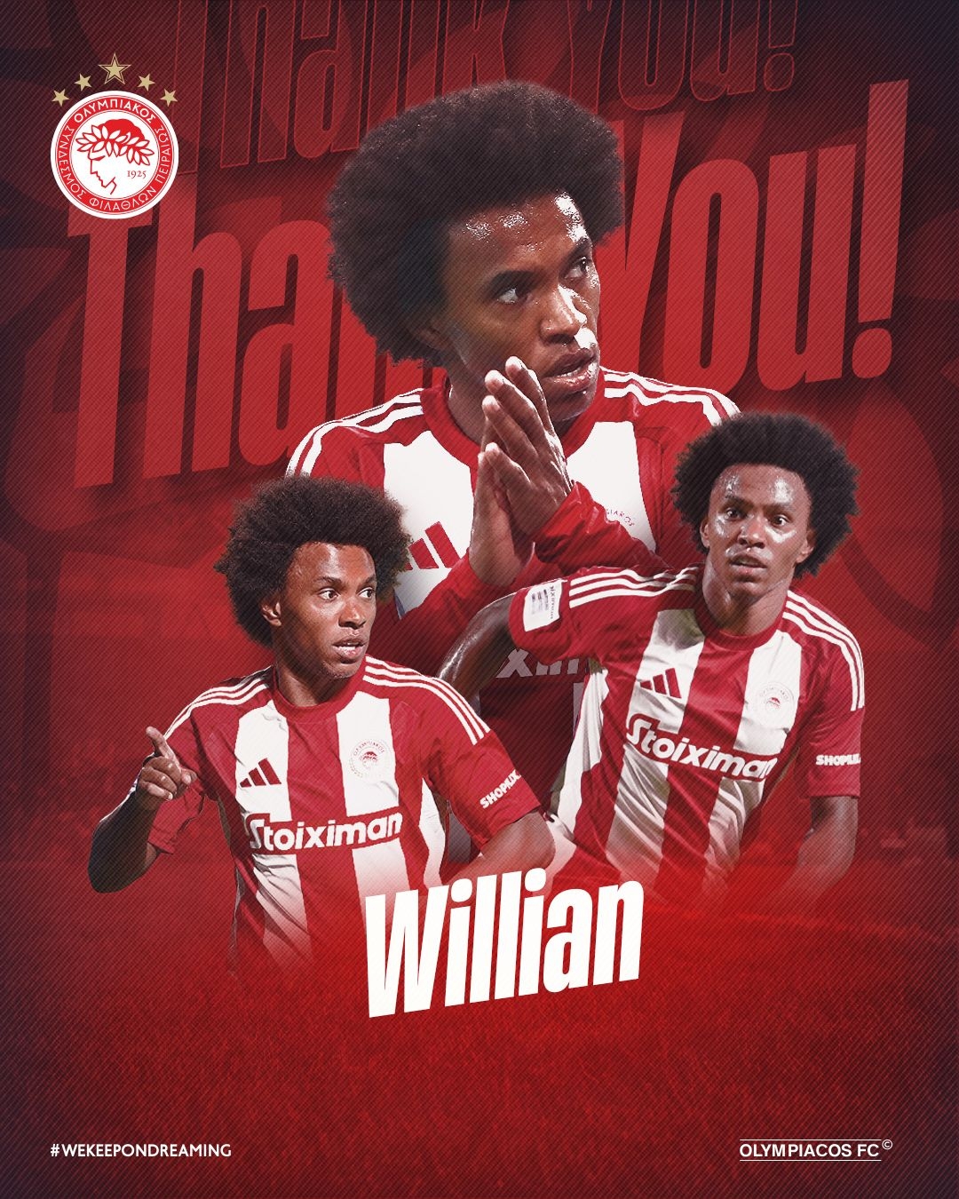 官方：奧林匹亞科斯與前切爾西邊鋒威廉解約，36歲本賽季11場(chǎng)1助