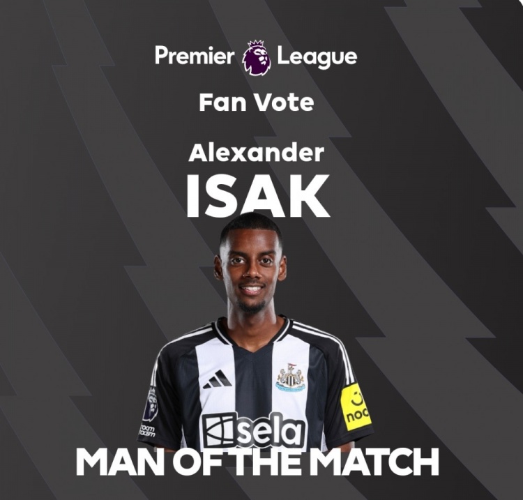 首開(kāi)記錄！英超官方：伊薩克當(dāng)選紐卡2-0曼聯(lián)全場(chǎng)最佳球員