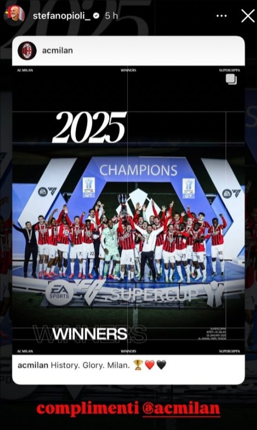皮奧利現場觀看意超杯決賽，賽后通過社媒祝賀米蘭奪冠