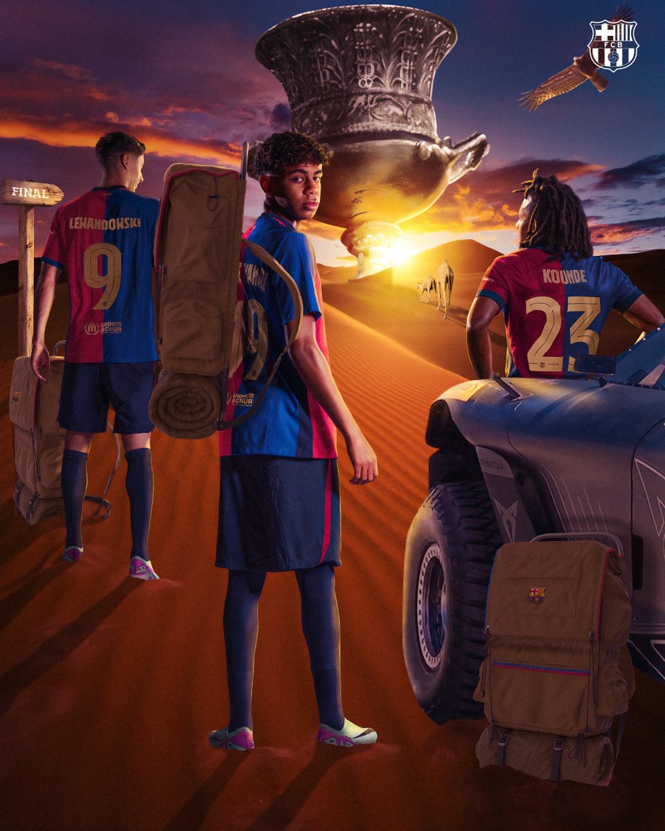 巴薩發(fā)布西超杯決賽海報(bào)：遠(yuǎn)征沙漠！萊萬、亞馬爾和孔德出鏡